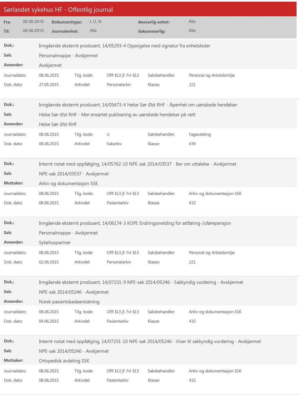 2015 Arkivdel: Personalarkiv Inngående eksternt produsert, 14/05473-4 Helse Sør-Øst RHF - Åpenhet om uønskede hendelser Helse Sør-Øst RHF - Mer ensartet publisering av uønskede hendelser på nett