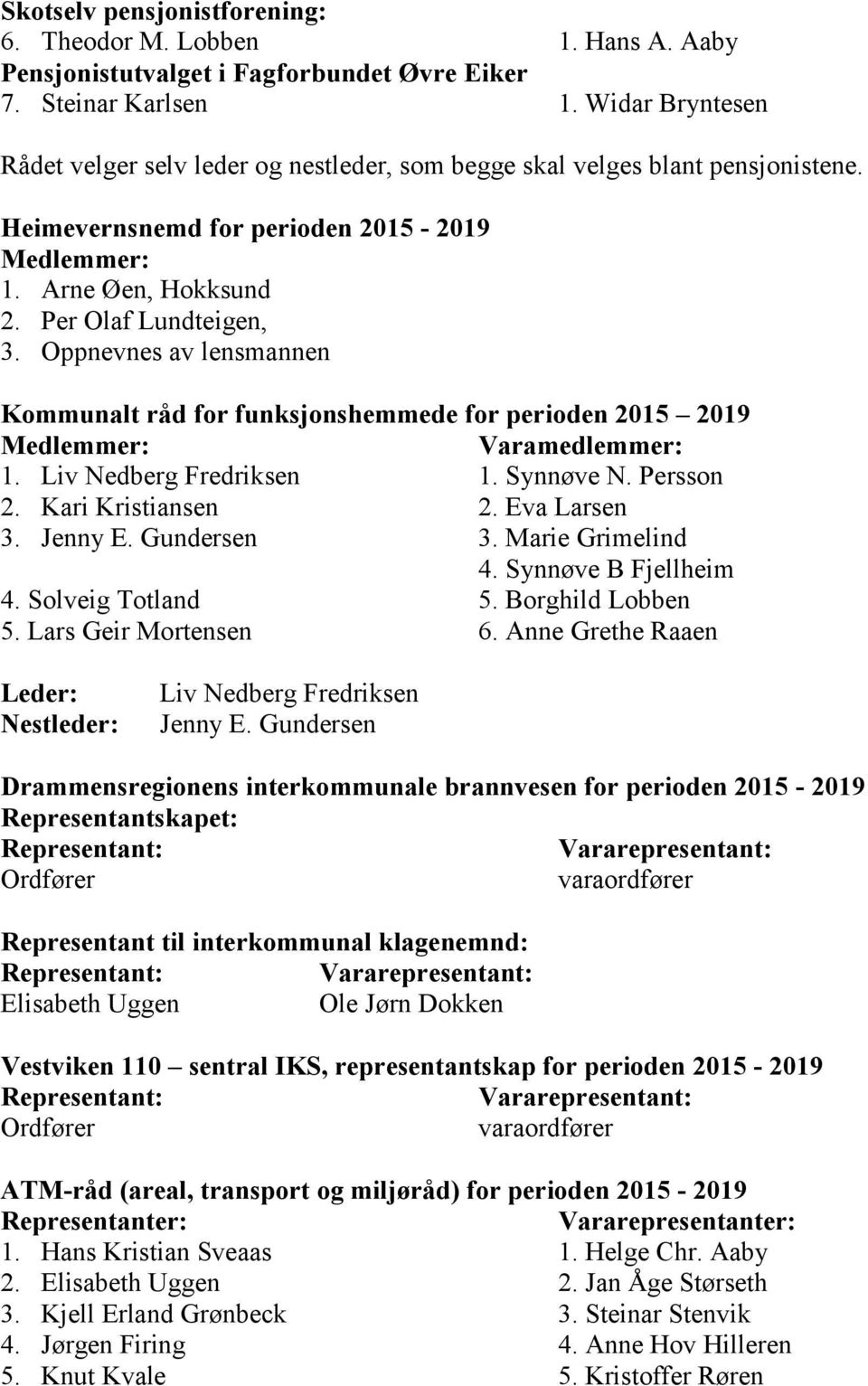 Oppnevnes av lensmannen Kommunalt råd for funksjonshemmede for perioden 2015 2019 Medlemmer: Varamedlemmer: 1. Liv Nedberg Fredriksen 1. Synnøve N. Persson 2. Kari Kristiansen 2. Eva Larsen 3.