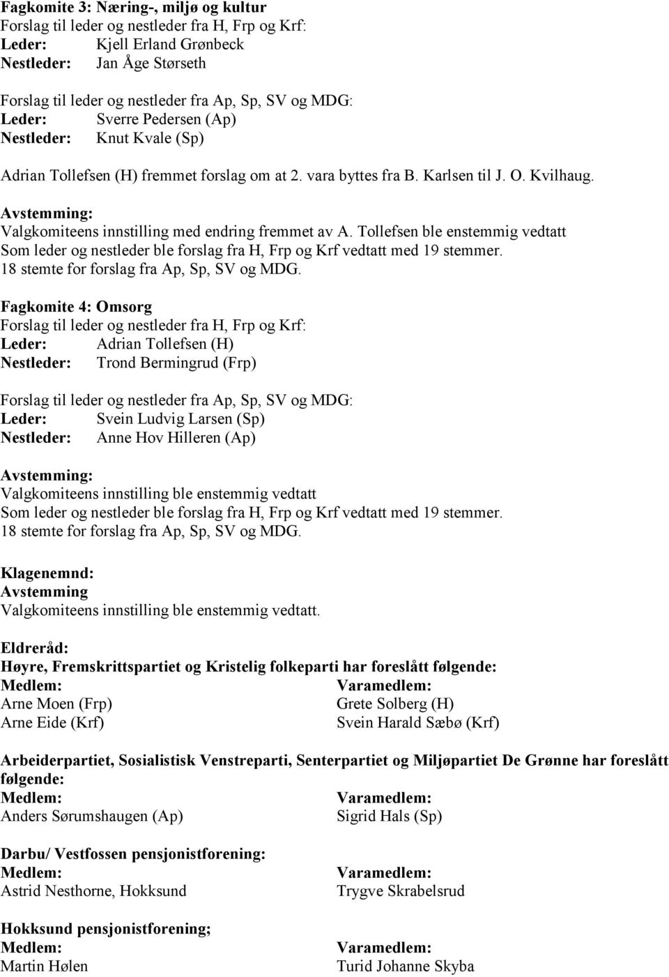 Tollefsen ble enstemmig vedtatt Som leder og nestleder ble forslag fra H, Frp og Krf vedtatt med 19 stemmer. 18 stemte for forslag fra Ap, Sp, SV og MDG.