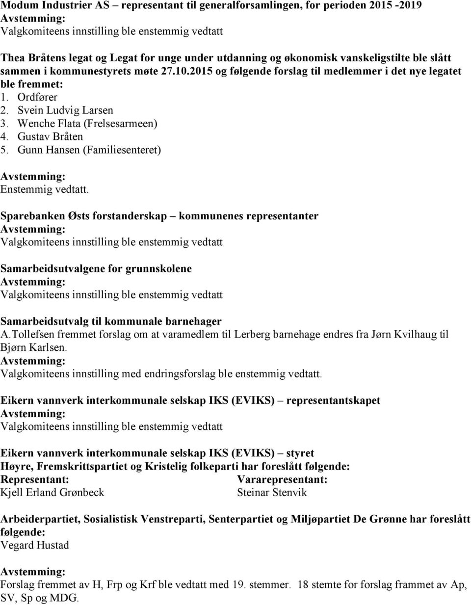 Gunn Hansen (Familiesenteret) Enstemmig vedtatt. Sparebanken Østs forstanderskap kommunenes representanter Samarbeidsutvalgene for grunnskolene Samarbeidsutvalg til kommunale barnehager A.