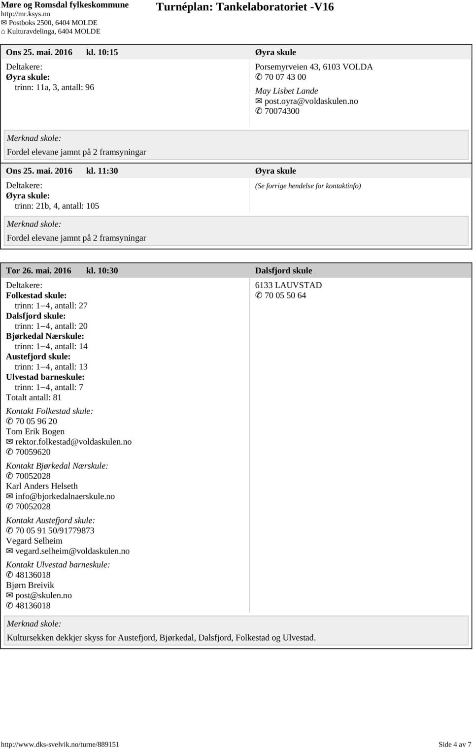 11:30 yra skule yra skule: trinn: 21b, 4, antall: 105 Fordel elevane jamnt p 2 framsyningar Tor 26. mai. 2016 kl.