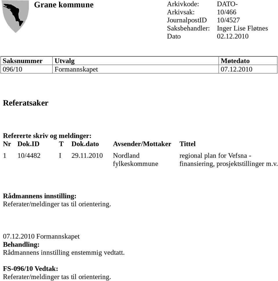 dato Avsender/Mottaker Tittel 1 10/4482 I 29.11.2010 Nordland fylkeskommune regional plan for Vefsna - finansiering, prosjektstillinger m.v. Rådmannens innstilling: Referater/meldinger tas til orientering.