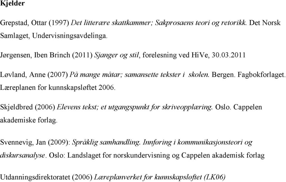 Læreplanen for kunnskapsløftet 2006. Skjeldbred (2006) Elevens tekst; et utgangspunkt for skriveopplæring. Oslo. Cappelen akademiske forlag.