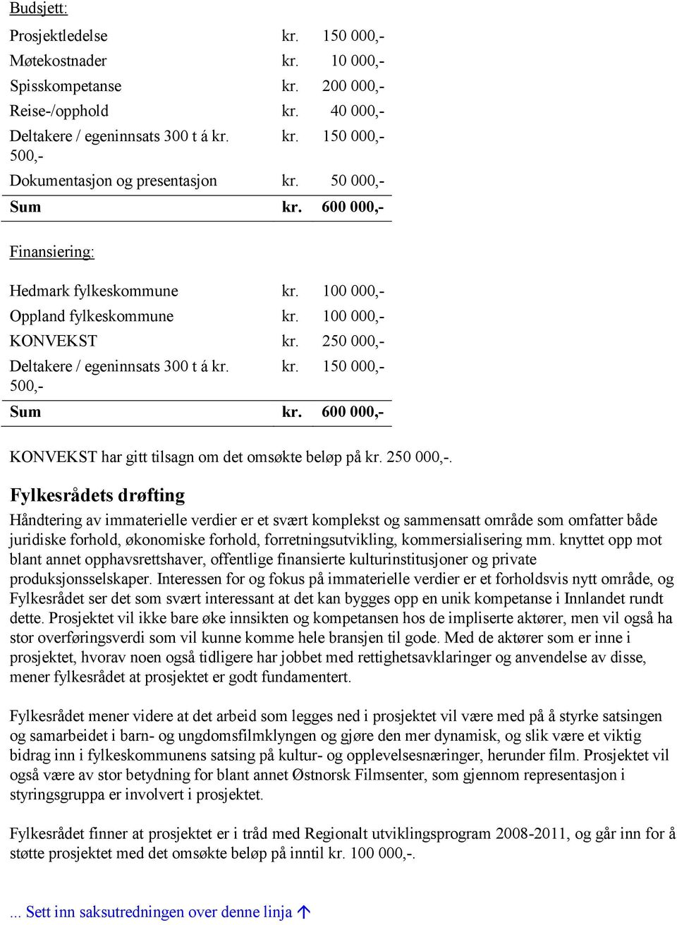 250 000,- Deltakere / egeninnsats 300 t á kr. 500,- kr. 150 000,- Sum kr. 600 000,- KONVEKST har gitt tilsagn om det omsøkte beløp på kr. 250 000,-.