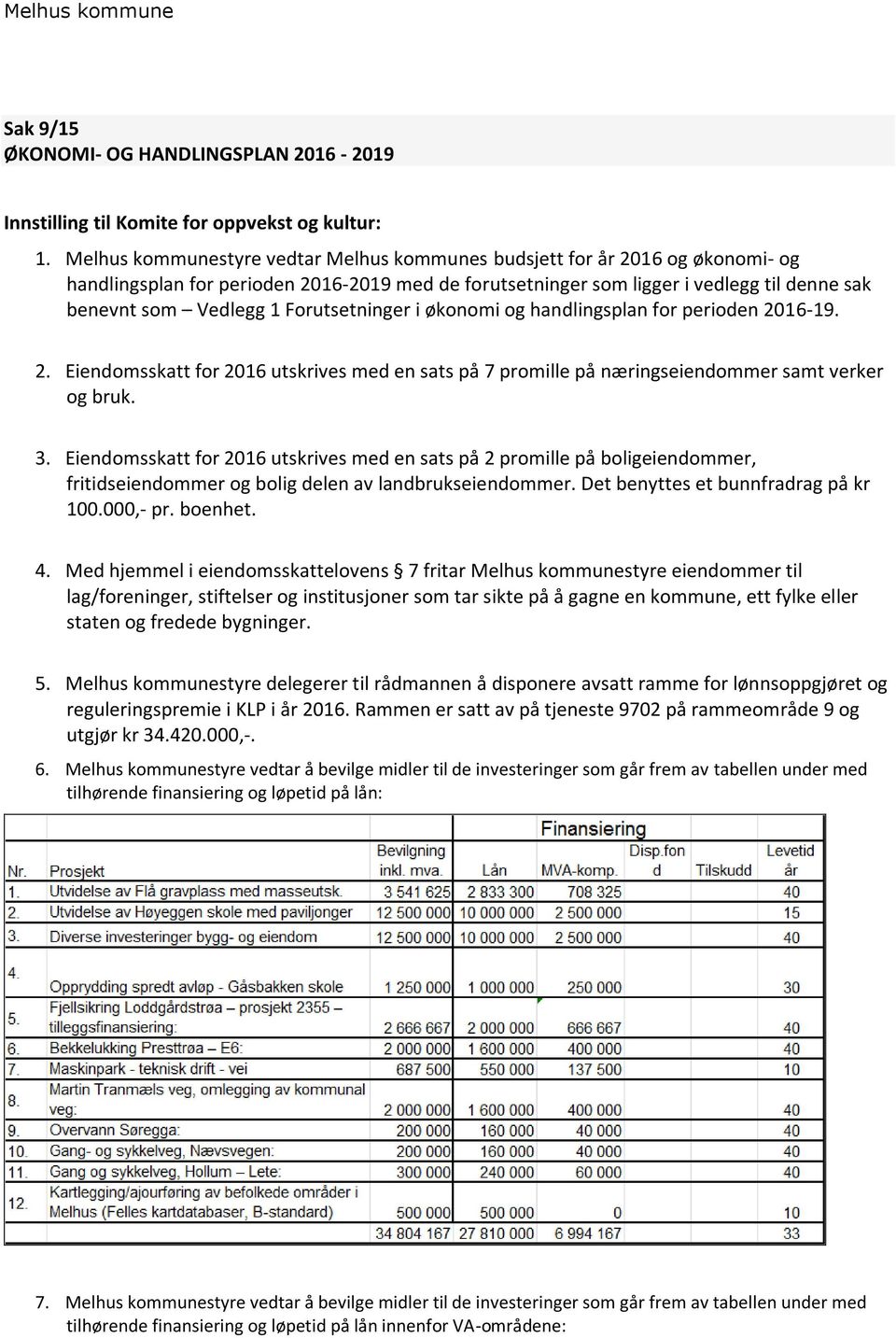 Forutsetninger i økonomi og handlingsplan for perioden 2016-19. 2. Eiendomsskatt for 2016 utskrives med en sats på 7 promille på næringseiendommer samt verker og bruk. 3.