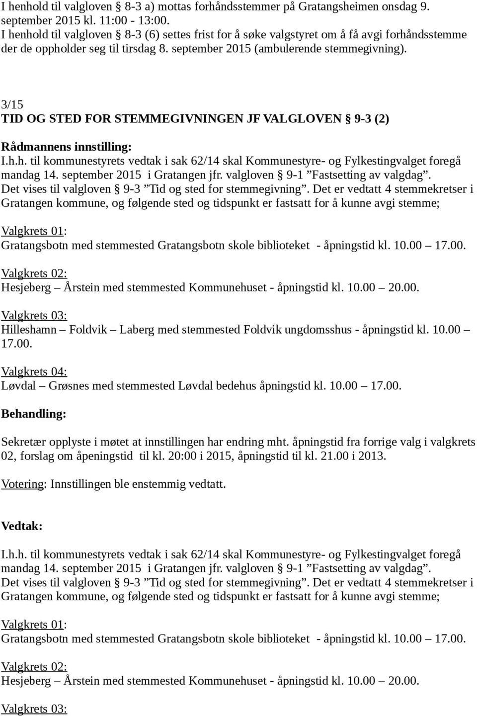 3/15 TID OG STED FOR STEMMEGIVNINGEN JF VALGLOVEN 9-3 (2) I.h.h. til kommunestyrets vedtak i sak 62/14 skal Kommunestyre- og Fylkestingvalget foregå mandag 14. september 2015 i Gratangen jfr.