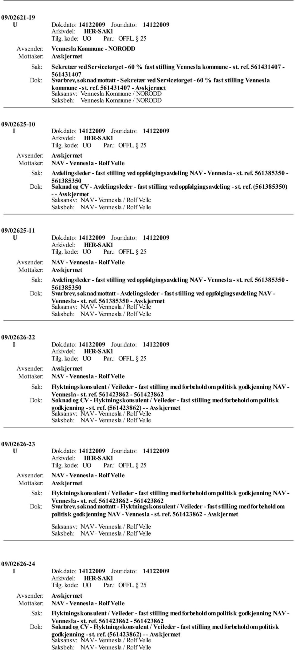 561431407 - Saksansv: Vennesla Kommune / NORODD Saksbeh: Vennesla Kommune / NORODD 09/02625-10 I Dok.dato: Jour.