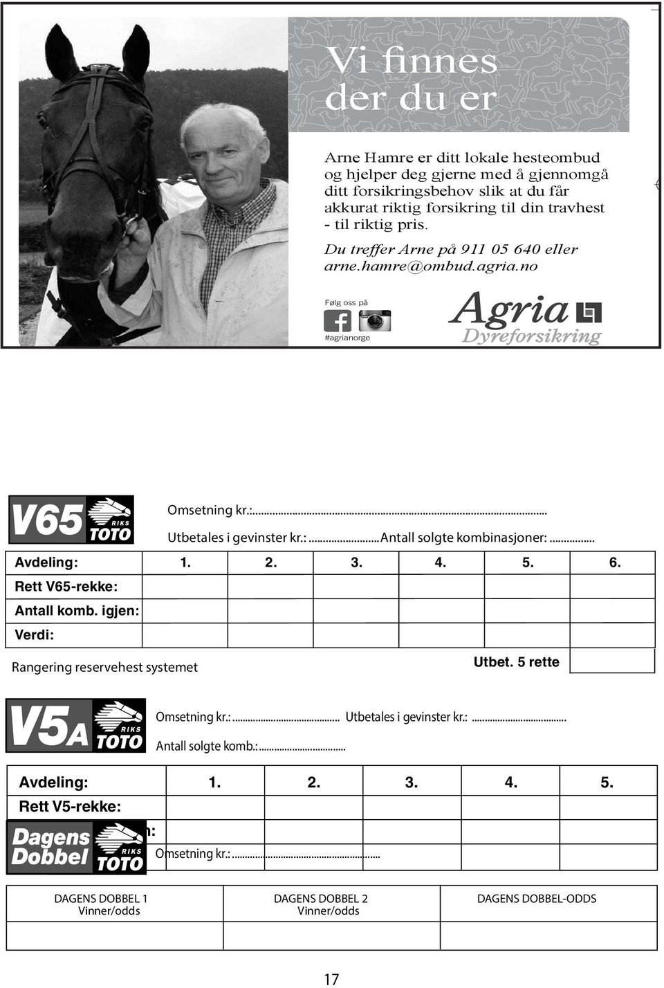 igjen: Verdi: Rangering reservehest systemet Utbet. 5 rette 1. avd.: 2. avd.: Omsetning kr.:... Utbetales i gevinster kr.:... 3. avd.: Antall solgte komb.:... 4. avd.: Avdeling: 1. 2. 3. 4. 5. 5. avd.: Rett V5-rekke: 6.