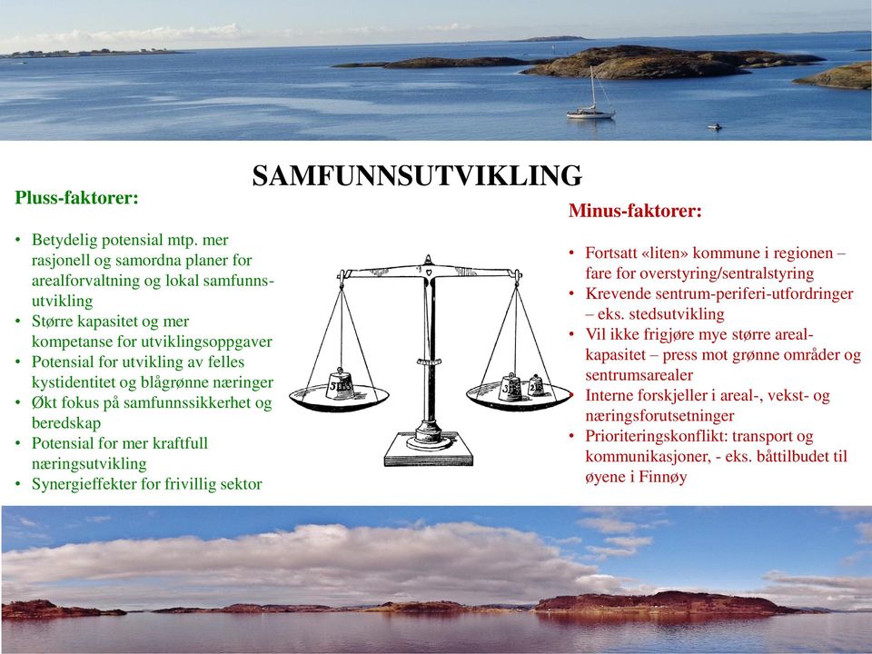 blågrønne næringer Økt fokus på samfunnssikkerhet og beredskap Potensial for mer kraftfull næringsutvikling Synergieffekter for frivillig sektor SAMFUNNSUTVIKLING Minus-faktorer: Fortsatt «liten»