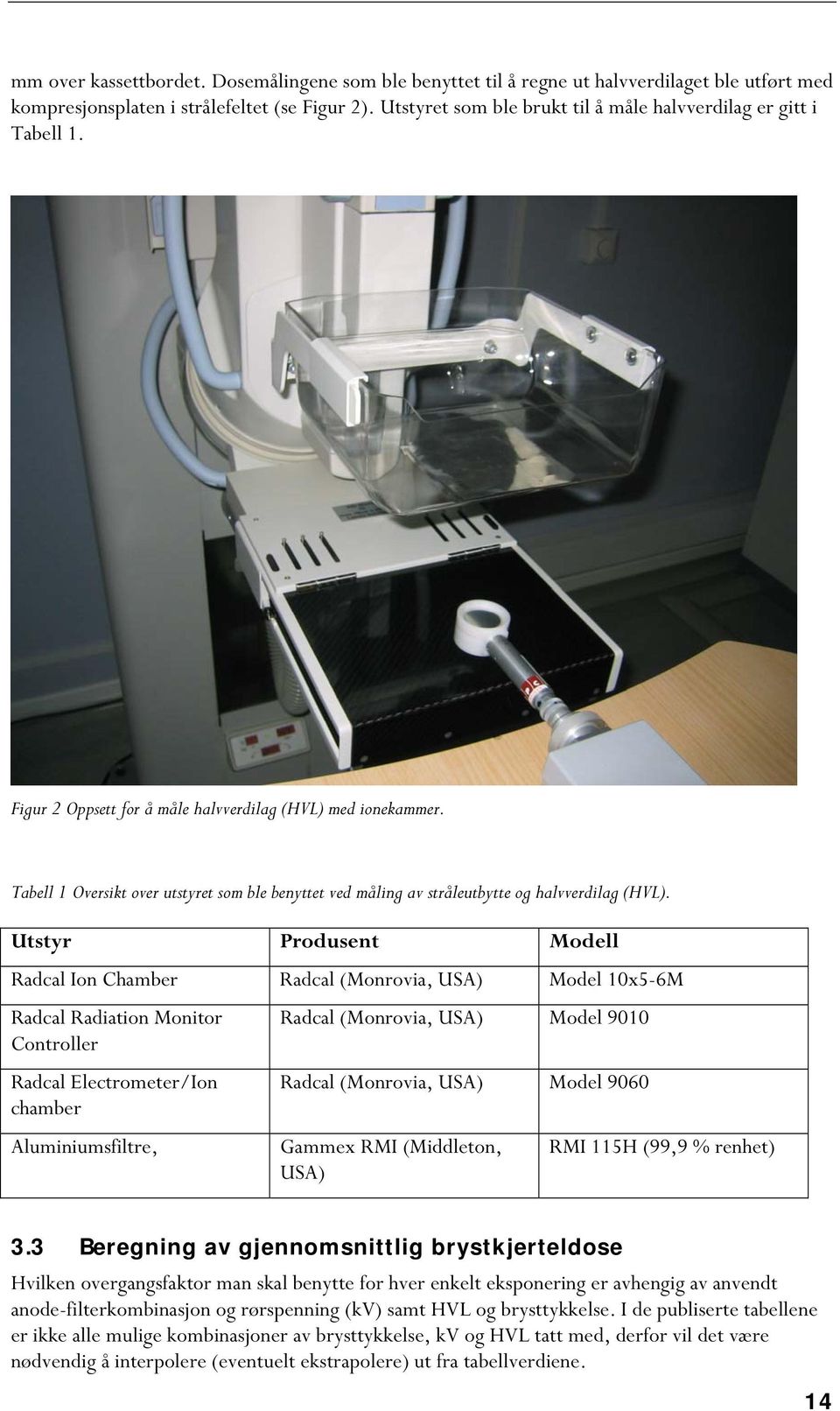 Tabell 1 Oversikt over utstyret som ble benyttet ved måling av stråleutbytte og halvverdilag (HVL).
