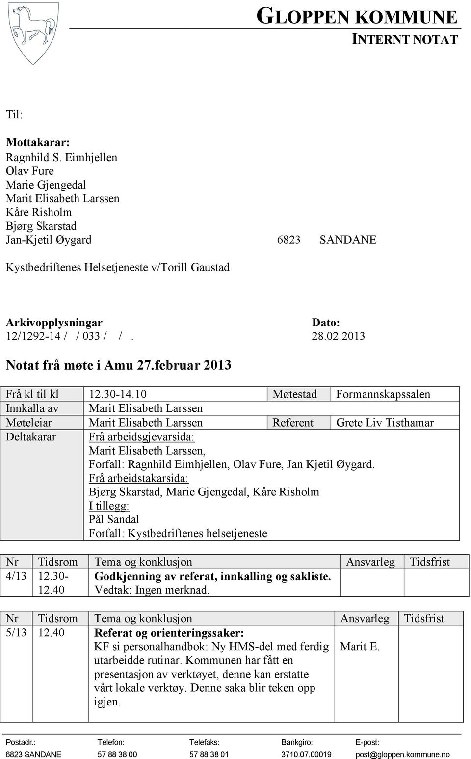 12/1292-14 / / 033 / /. 28.02.2013 Notat frå møte i Amu 27.februar 2013 Frå kl til kl 12.30-14.