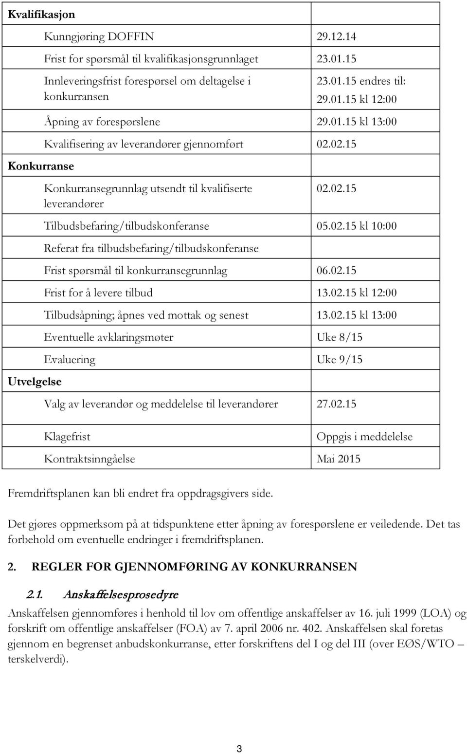 02.15 Frist for å levere tilbud 13.02.15 kl 12:00 Tilbudsåpning; åpnes ved mottak og senest 13.02.15 kl 13:00 Eventuelle avklaringsmøter Uke 8/15 Evaluering Uke 9/15 Utvelgelse Valg av leverandør og meddelelse til leverandører 27.