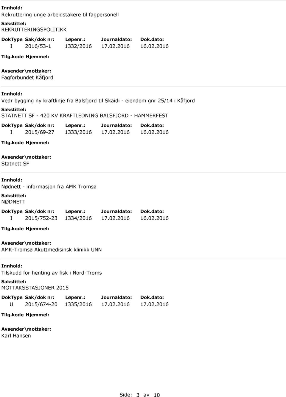 2015/69-27 1333/2016 Statnett SF Nødnett - informasjon fra AMK Tromsø NØDNETT 2015/752-23 1334/2016 AMK-Tromsø