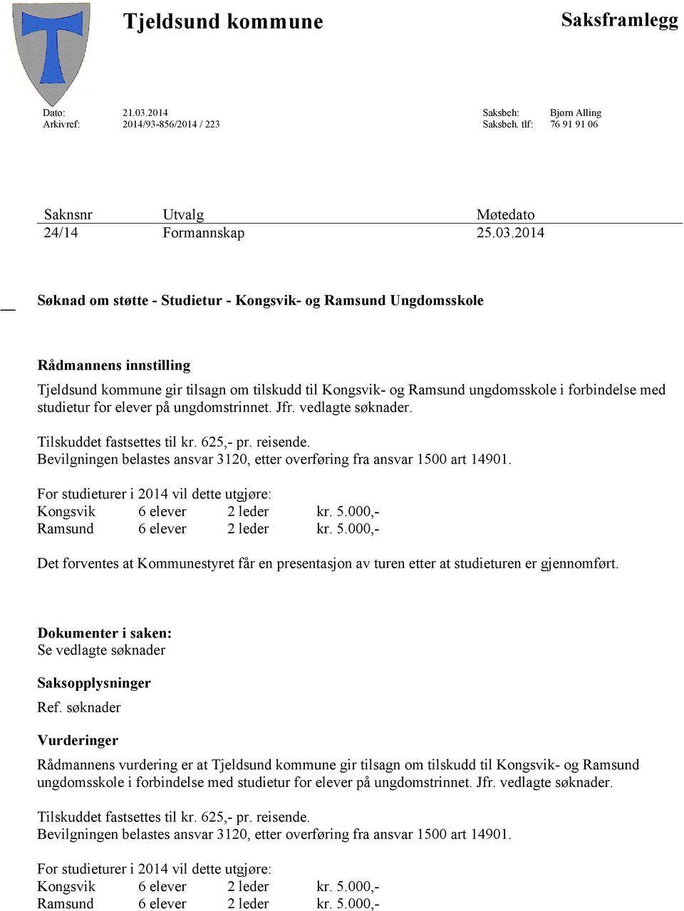 2014 Søknad om støtte - Studietur - Kongsvik- og Ramsund Ungdomsskole Rådmannens innstilling Tjeldsund kommune gir tilsagn om tilskudd til Kongsvik- og Ramsund ungdomsskole i forbindelse med