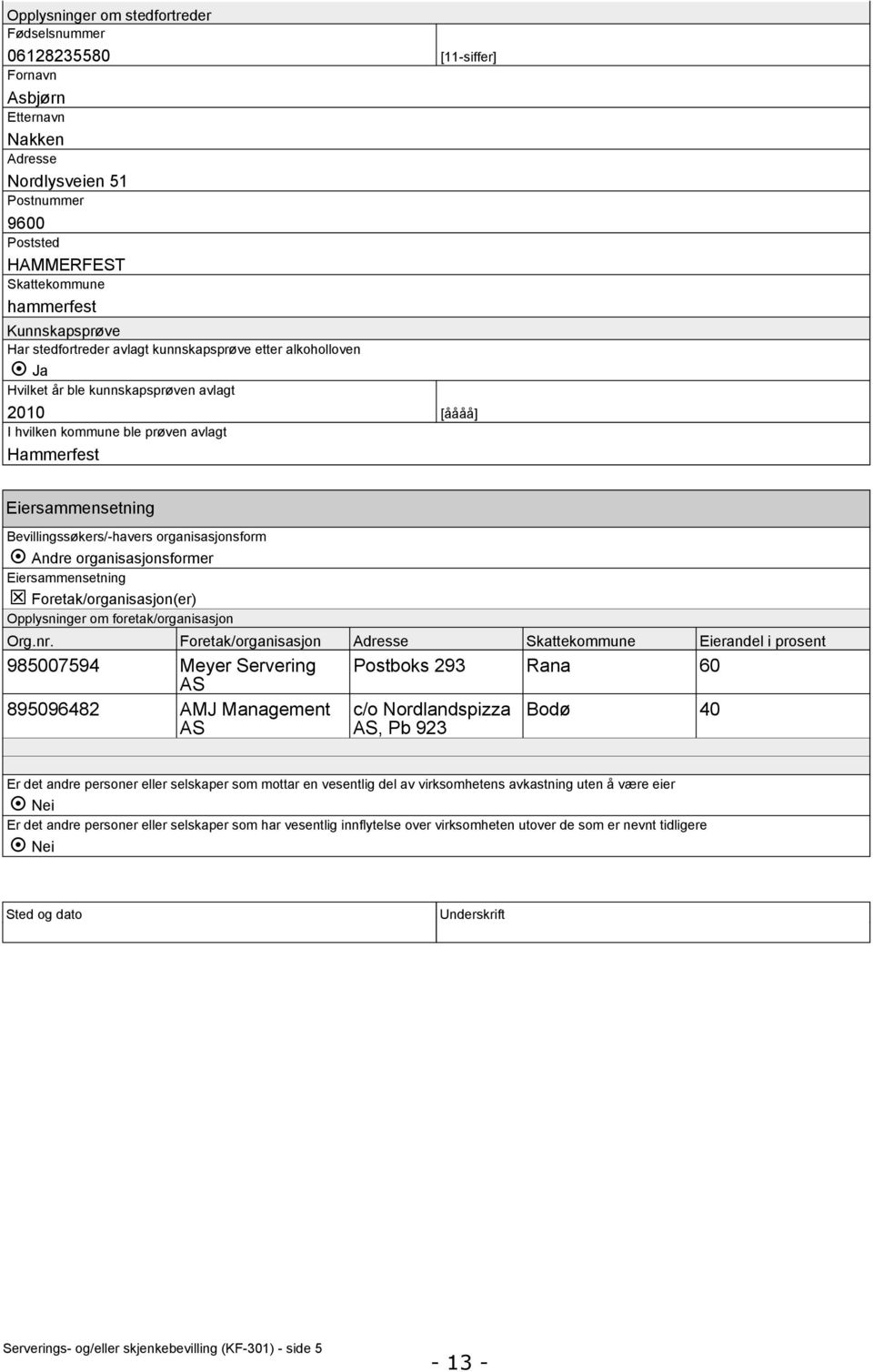 Bevillingssøkers/-havers organisasjonsform Andre organisasjonsformer Eiersammensetning T Foretak/organisasjon(er) Opplysninger om foretak/organisasjon Org.nr.