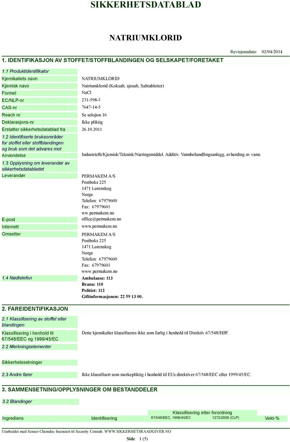 pliktig Erstatter sikkerhetsdatablad fra 26.10.2011 1.2 Identifiserte bruksområder for stoffet eller stoffblandingen og bruk som det advares mot Anvendelse 1.