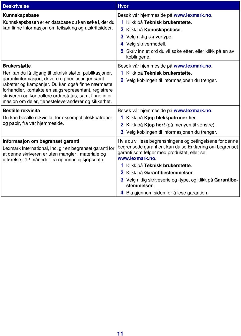 Du kan også finne nærmeste forhandler, kontakte en salgsrepresentant, registrere skriveren og kontrollere ordrestatus, samt finne informasjon om deler, tjenesteleverandører og sikkerhet.