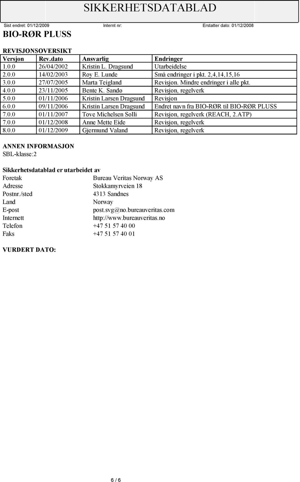 0.0 01/11/2007 Tove Michelsen Solli Revisjon, regelverk (REACH, 2.ATP) 7.0.0 01/12/2008 Anne Mette Eide Revisjon, regelverk 8.0.0 01/12/2009 Gjermund Valand Revisjon, regelverk ANNEN INFORMASJON SBL-klasse:2 Sikkerhetsdatablad er utarbeidet av Foretak Bureau Veritas Norway AS Adresse Stokkamyrveien 18 Postnr.