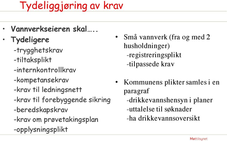 til forebyggende sikring -beredskapskrav -krav om prøvetakingsplan -opplysningsplikt Små vannverk (fra og