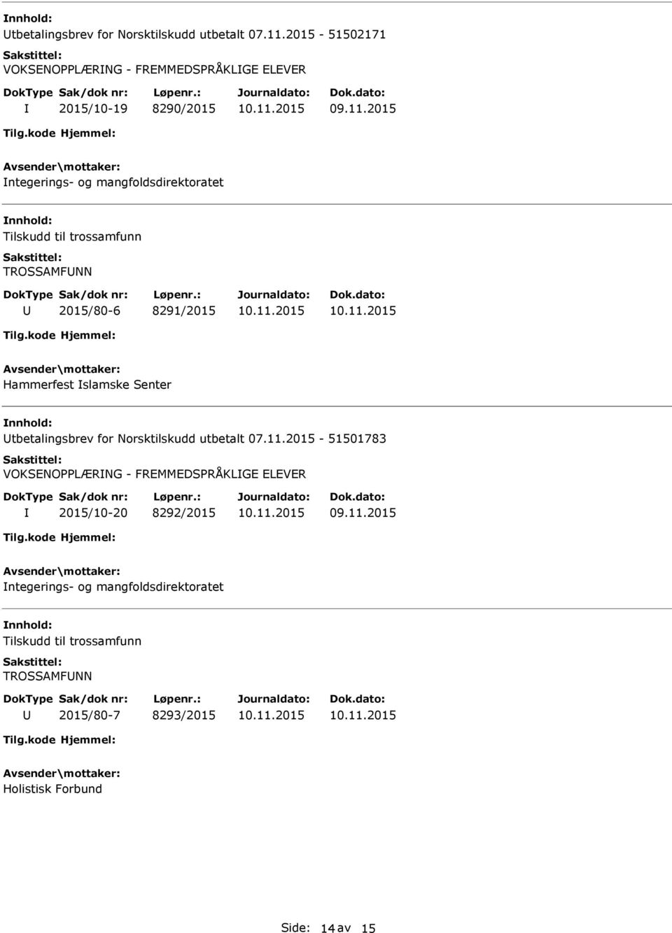 til trossamfunn TROSSAMFNN 2015/80-6 8291/2015 Hammerfest slamske Senter 2015-51501783 VOKSENOPPLÆRNG - FREMMEDSPRÅKLGE