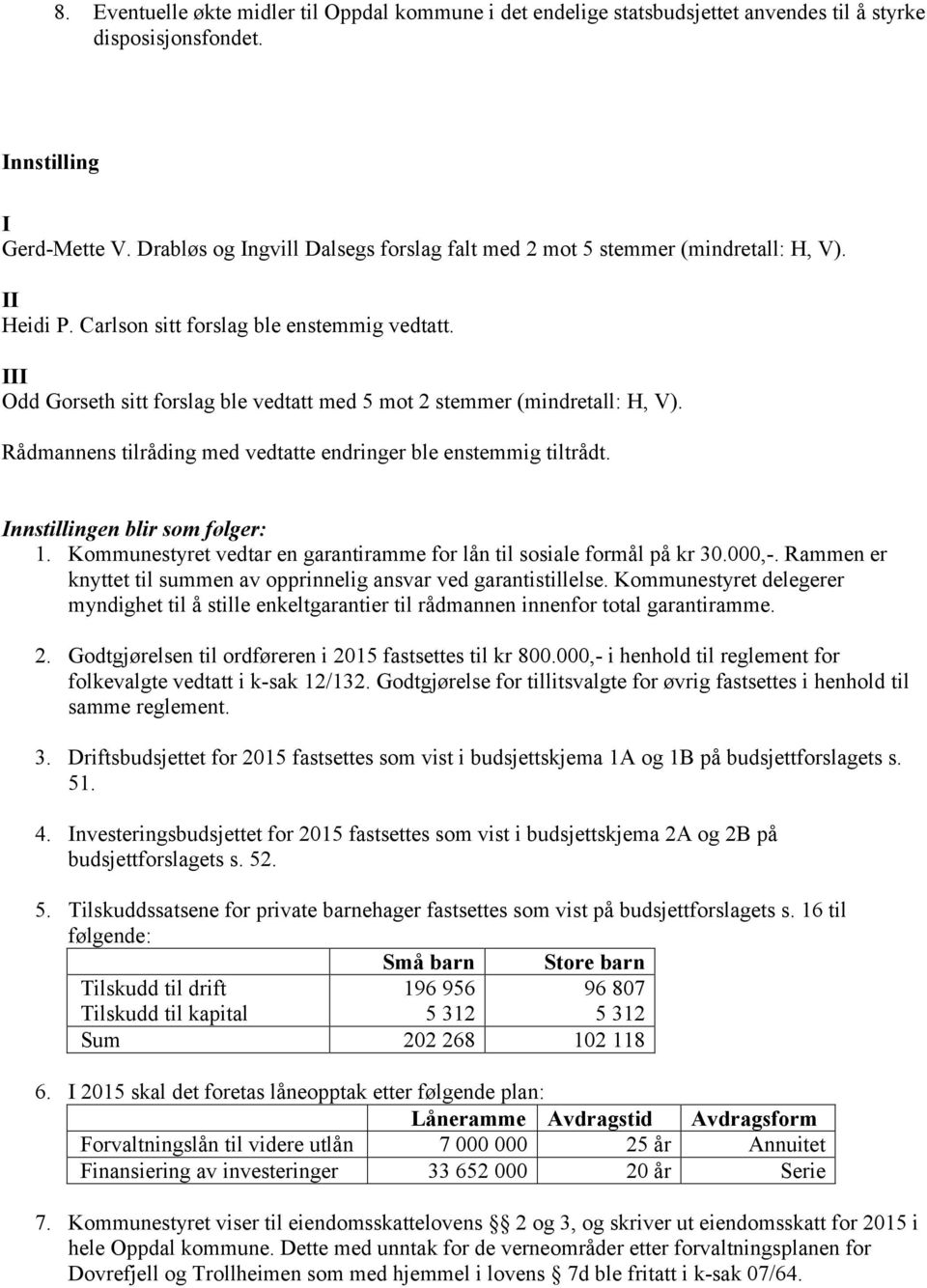 III Odd Gorseth sitt forslag ble vedtatt med 5 mot 2 stemmer (mindretall: H, V). Rådmannens tilråding med vedtatte endringer ble enstemmig tiltrådt. Innstillingen blir som følger: 1.