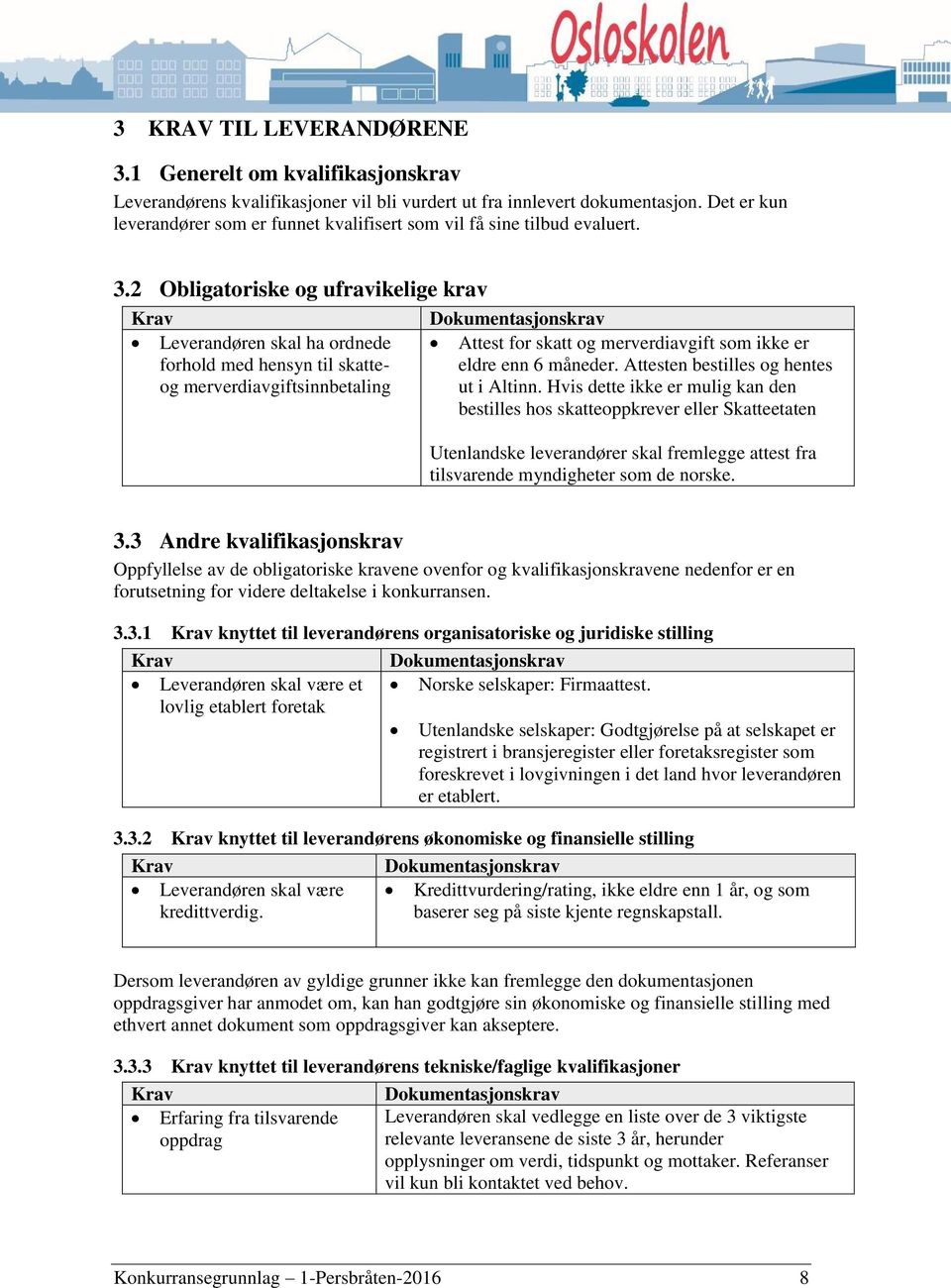 2 Obligatoriske og ufravikelige krav Krav Leverandøren skal ha ordnede forhold med hensyn til skatteog merverdiavgiftsinnbetaling Dokumentasjonskrav Attest for skatt og merverdiavgift som ikke er