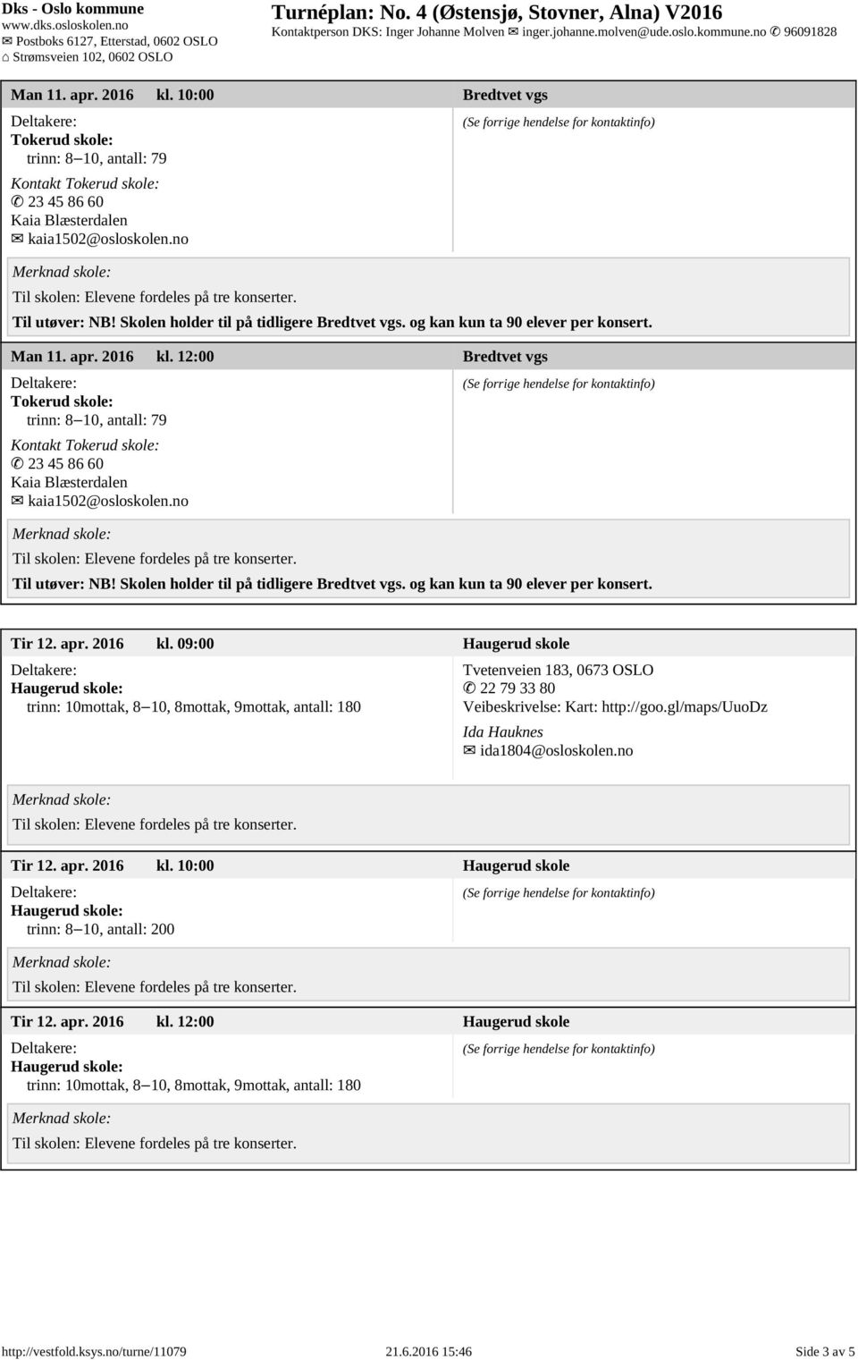 09:00 Haugerud skole trinn: 10mottak, 8 10, 8mottak, 9mottak, antall: 180 Tvetenveien 183, 0673 OSLO 22 79 33 80 Veibeskrivelse: Kart: http://goo.