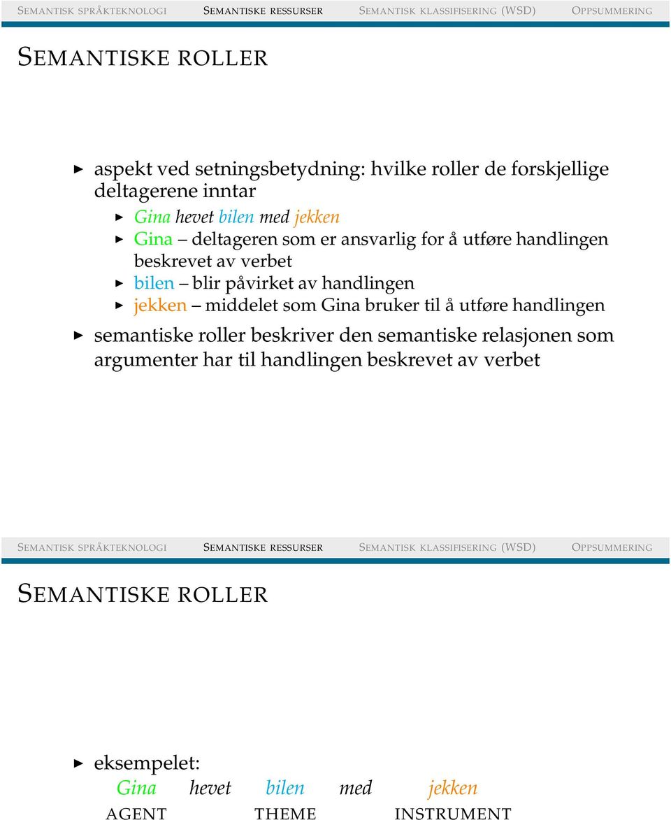 jekken middelet som Gina bruker til å utføre handlingen semantiske roller beskriver den semantiske relasjonen som