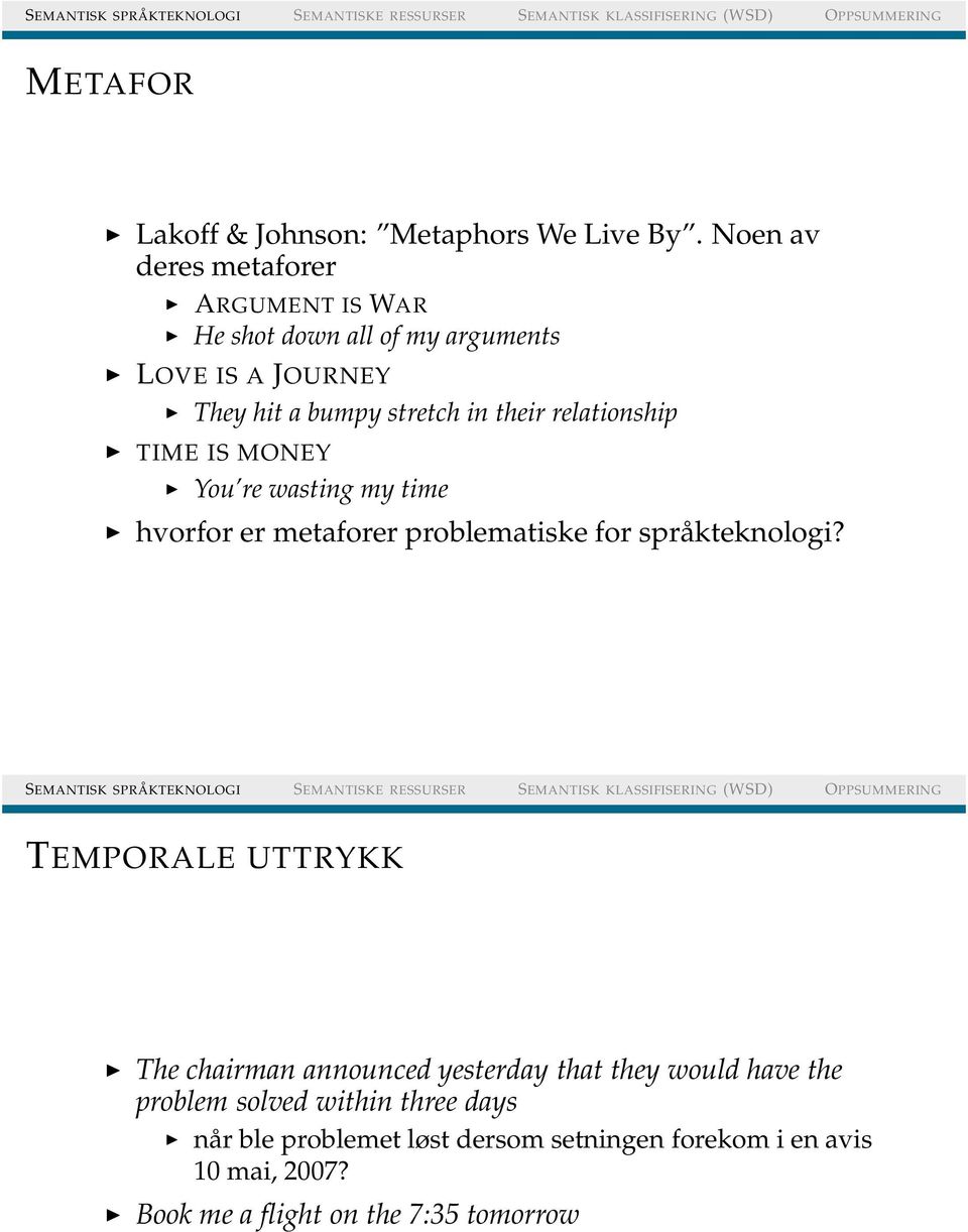 their relationship TIME IS MONEY You re wasting my time hvorfor er metaforer problematiske for språkteknologi?