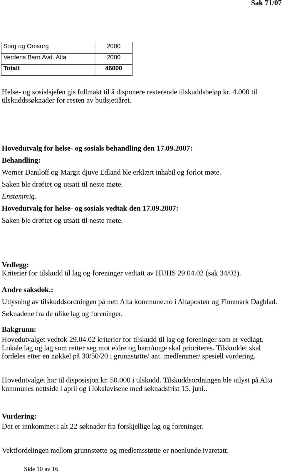 Enstemmig. Hovedutvalg for helse- og sosials vedtak den 17.09.2007: Saken ble drøftet og utsatt til neste møte. Vedlegg: Kriterier for tilskudd til lag og foreninger vedtatt av HUHS 29.04.