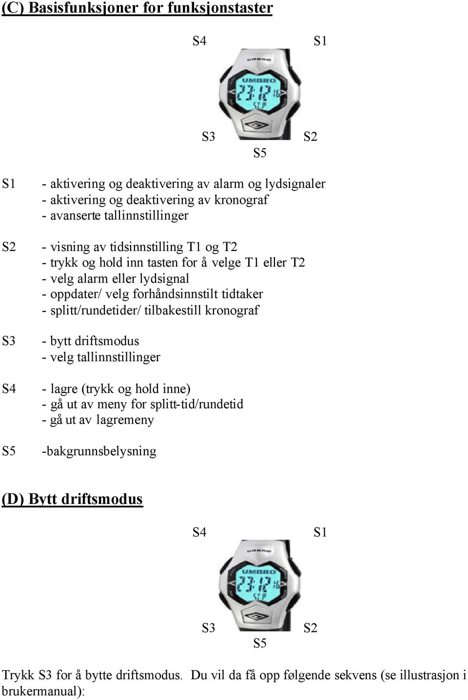 forhåndsinnstilt tidtaker - splitt/rundetider/ tilbakestill kronograf - bytt driftsmodus - velg tallinnstillinger - lagre (trykk og hold inne) - gå ut av meny