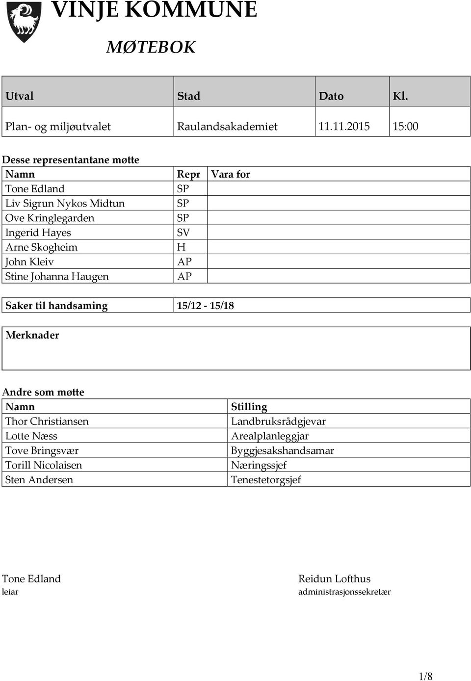 Arne Skogheim H John Kleiv AP Stine Johanna Haugen AP Saker til handsaming 15/12-15/18 Merknader Andre som møtte Namn Thor Christiansen Lotte