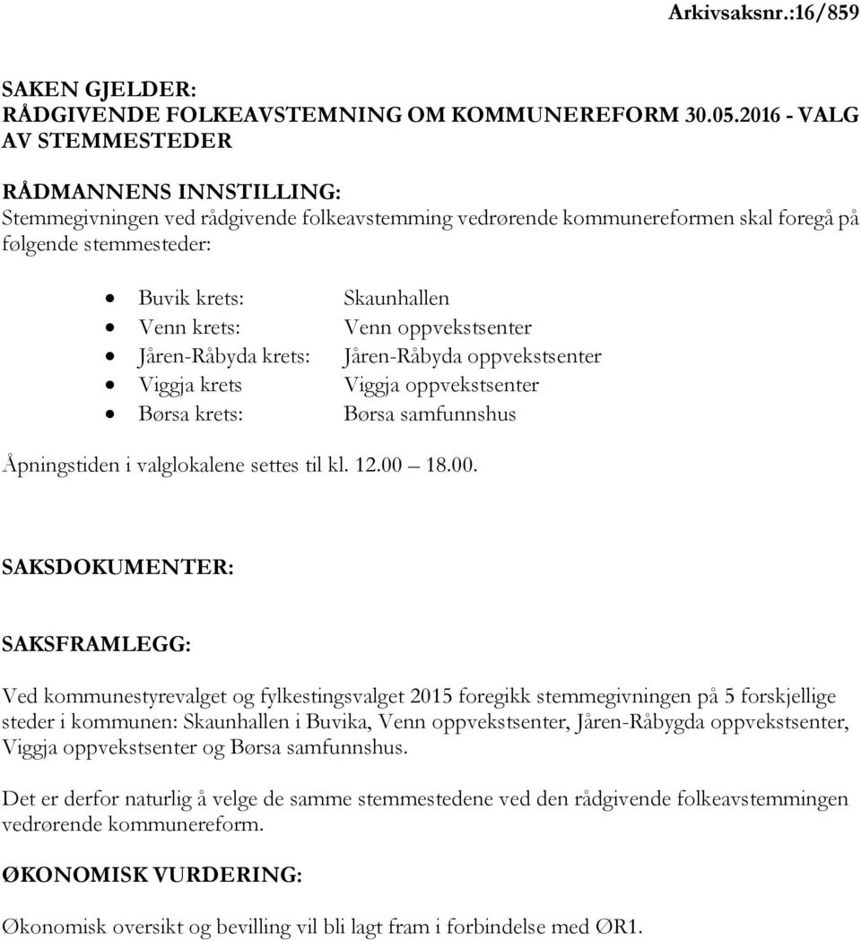 krets Børsa krets: Skaunhallen Venn oppvekstsenter Jåren-Råbyda oppvekstsenter Viggja oppvekstsenter Børsa samfunnshus Åpningstiden i valglokalene settes til kl. 12.00 