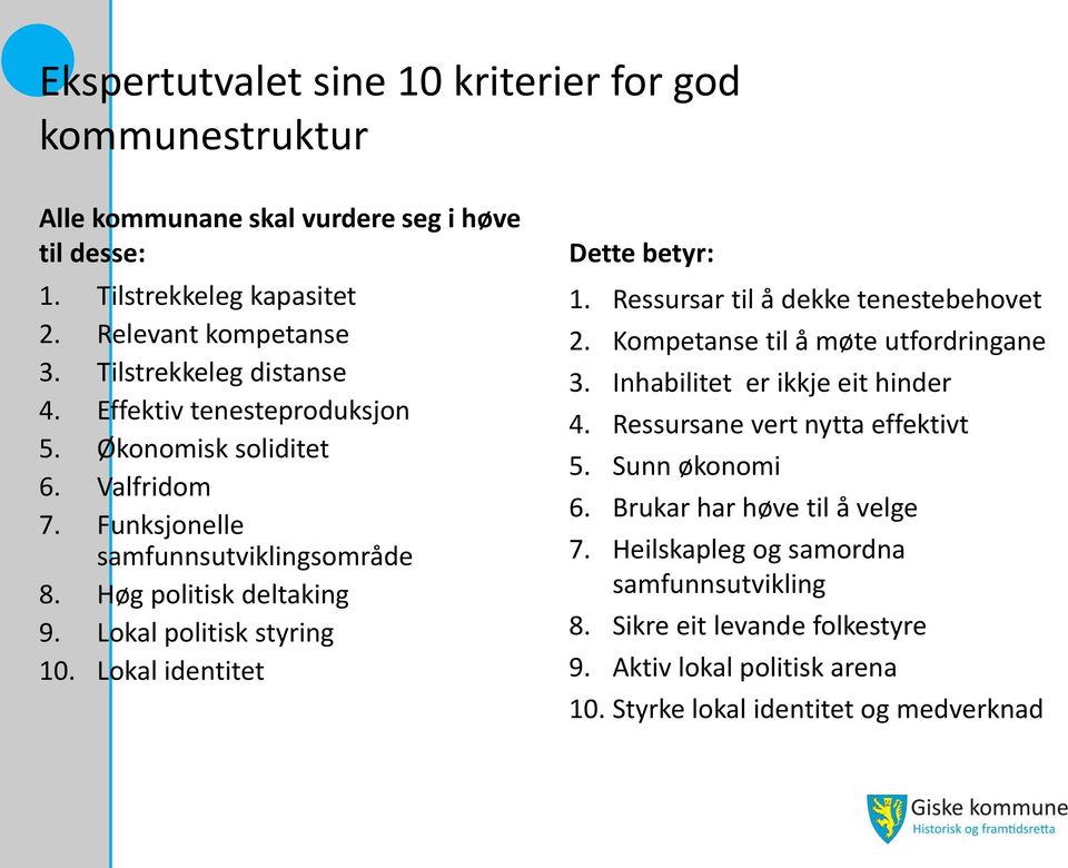 Lokal politisk styring 10. Lokal identitet Dette betyr: 1. Ressursar til å dekke tenestebehovet 2. Kompetanse til å møte utfordringane 3. Inhabilitet er ikkje eit hinder 4.