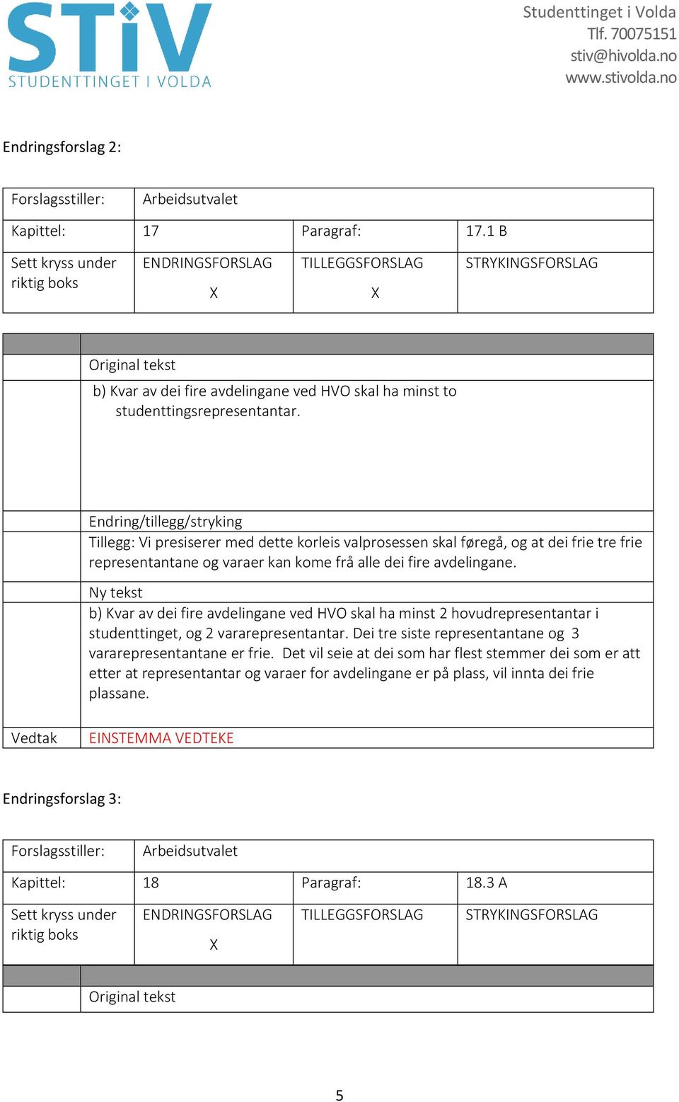 b) Kvar av dei fire avdelingane ved HVO skal ha minst 2 hovudrepresentantar i studenttinget, og 2 vararepresentantar.