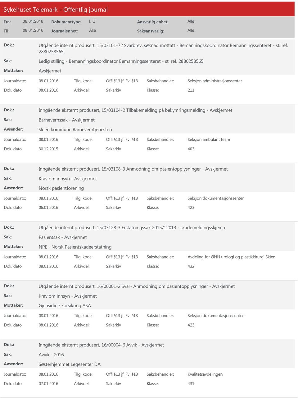 2015 Arkivdel: Sakarkiv Inngående eksternt produsert, 15/03108-3 Anmodning om pasientopplysninger - Norsk pasientforening tgående internt produsert, 15/03128-3 Erstatningssak 2015/12013 -