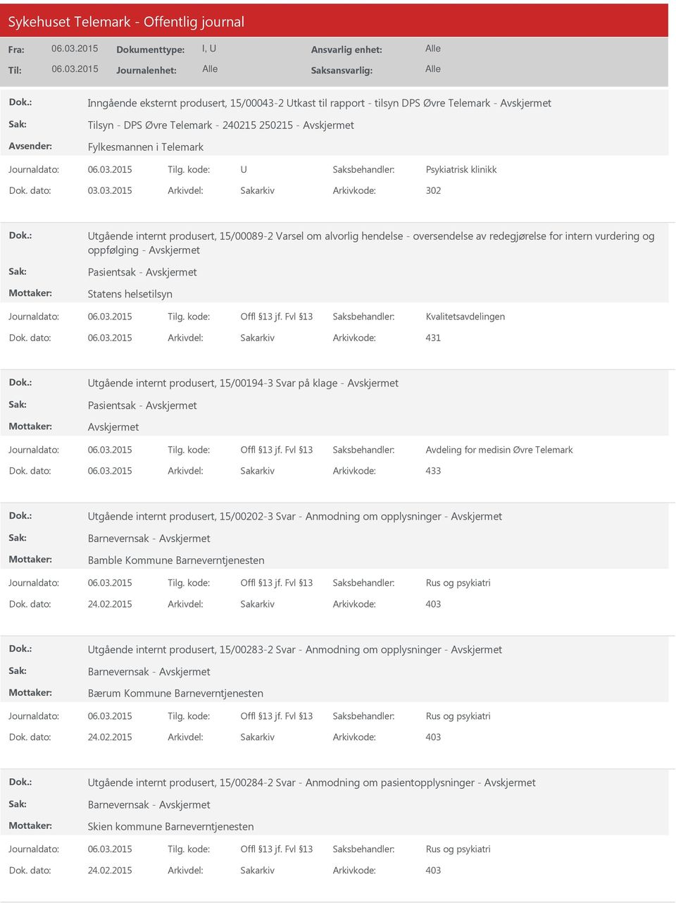 dato: Arkivdel: Sakarkiv Arkivkode: 431 tgående internt produsert, 15/00194-3 Svar på klage - Pasientsak - Avdeling for medisin Øvre Telemark Dok.