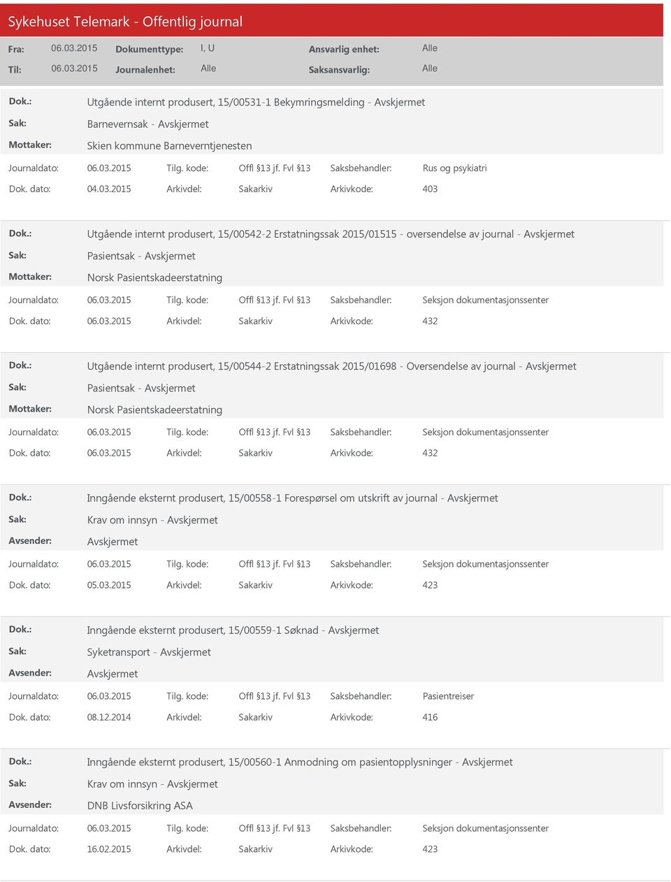 dato: Arkivdel: Sakarkiv Inngående eksternt produsert, 15/00558-1 Forespørsel om utskrift av journal - Krav om innsyn - Dok. dato: 05.03.