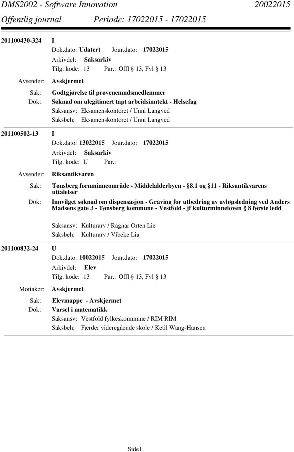 Unni Langved 201100502-13 I Dok.dato: 13022015 Jour.dato: 17022015 Arkivdel: Saksarkiv Riksantikvaren Tønsberg fornminneområde - Middelalderbyen - 8.