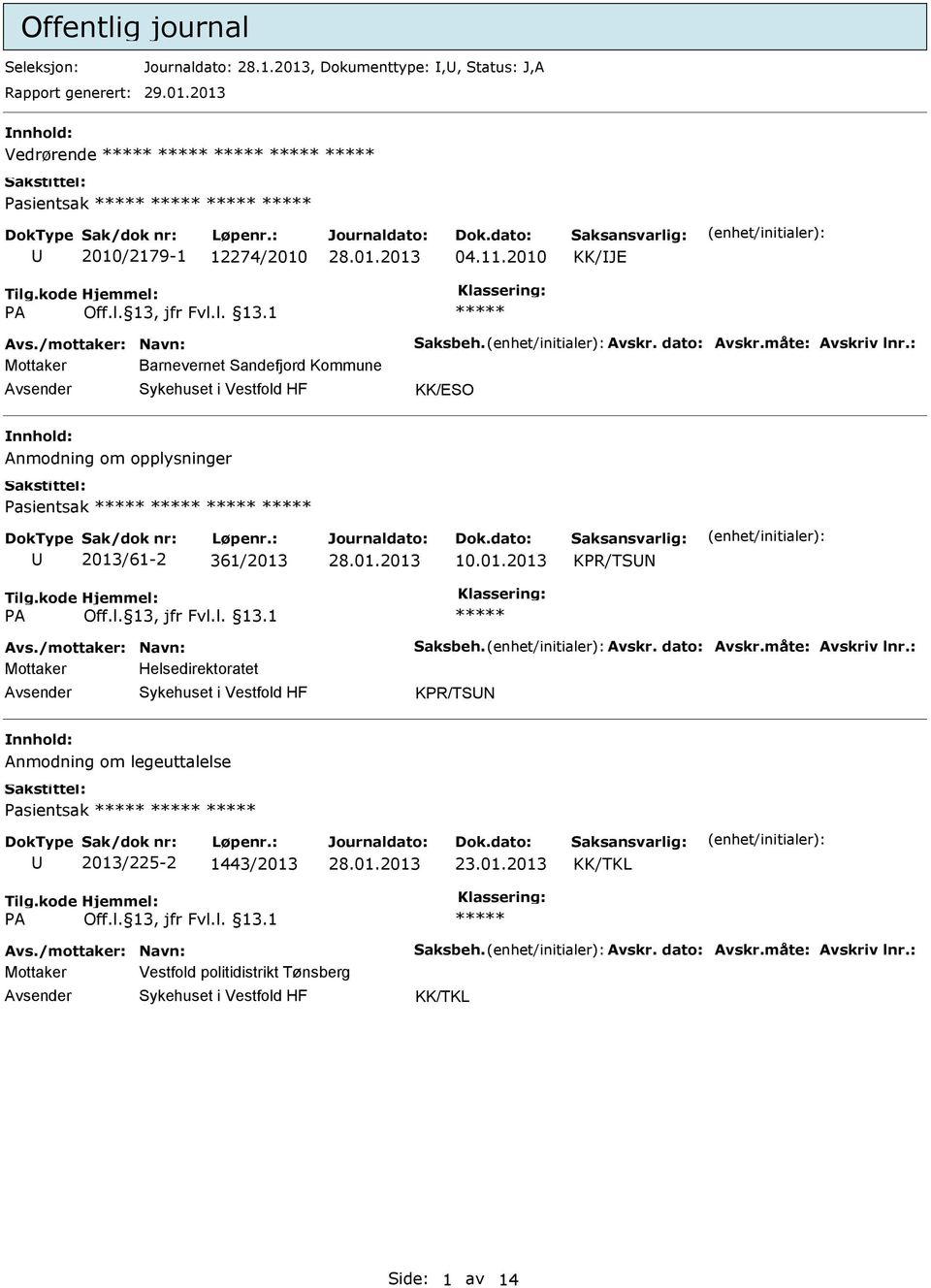 : Mottaker Barnevernet Sandefjord Kommune KK/ESO nnhold: Anmodning om opplysninger Pasientsak 2013/61-2 361/2013 10.01.2013 KPR/TSN Avs./mottaker: Navn: Saksbeh. Avskr.