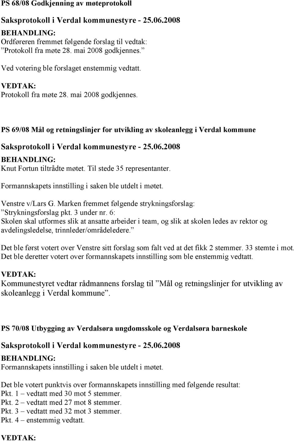 Til stede 35 representanter. Venstre v/lars G. Marken fremmet følgende strykningsforslag: Strykningsforslag pkt. 3 under nr.