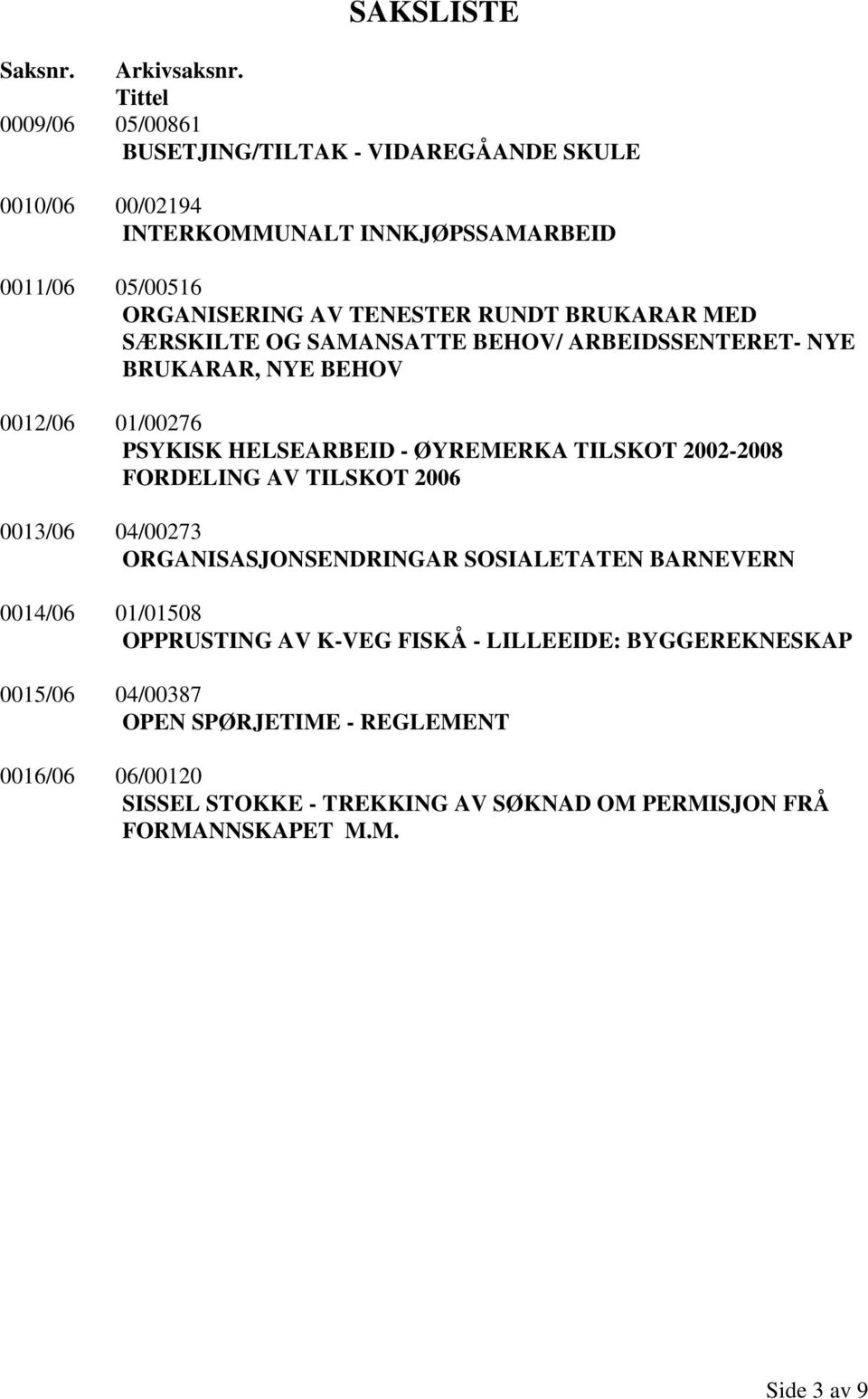 BRUKARAR MED SÆRSKILTE OG SAMANSATTE BEHOV/ ARBEIDSSENTERET- NYE BRUKARAR, NYE BEHOV 0012/06 01/00276 PSYKISK HELSEARBEID - ØYREMERKA TILSKOT 2002-2008 FORDELING