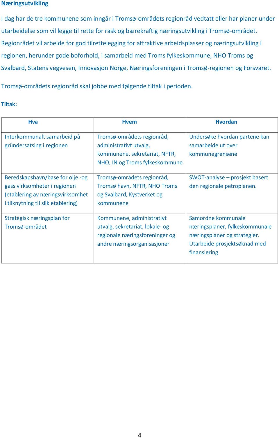 Regionrådet vil arbeide for god tilrettelegging for attraktive arbeidsplasser og næringsutvikling i regionen, herunder gode boforhold, i samarbeid med Troms fylkeskommune, NHO Troms og Svalbard,