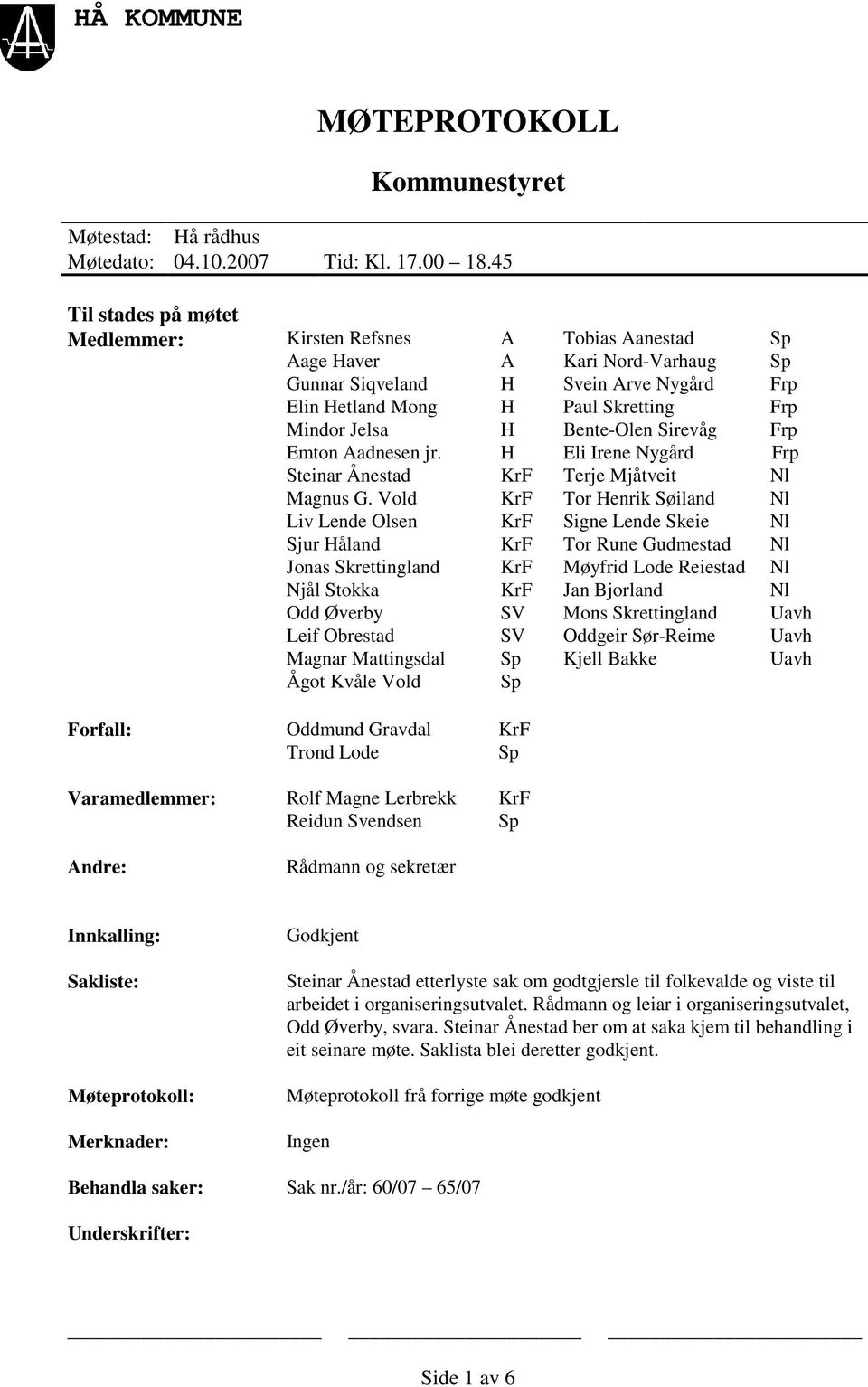 Bente-Olen Sirevåg Frp Emton Aadnesen jr. H Eli Irene Nygård Frp Steinar Ånestad KrF Terje Mjåtveit Nl Magnus G.