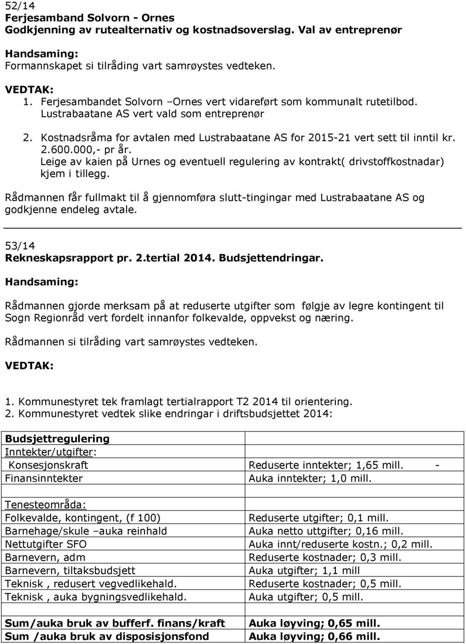 2.600.000,- pr år. Leige av kaien på Urnes og eventuell regulering av kontrakt( drivstoffkostnadar) kjem i tillegg.