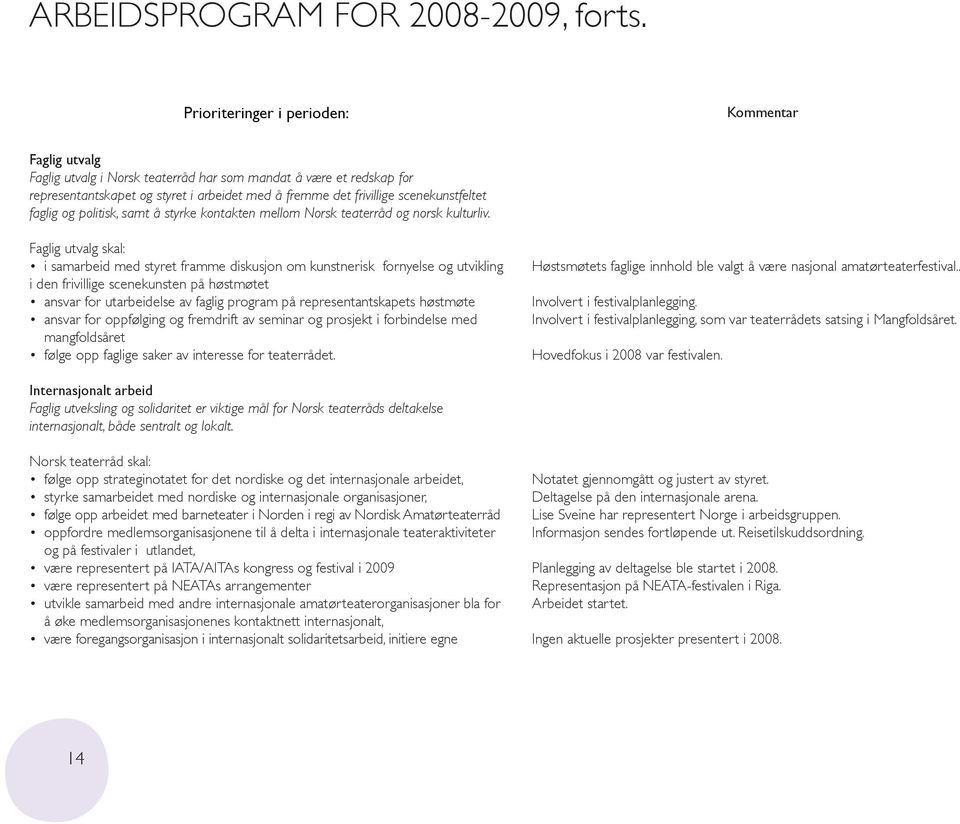 scenekunstfeltet faglig og politisk, samt å styrke kontakten mellom Norsk teaterråd og norsk kulturliv.