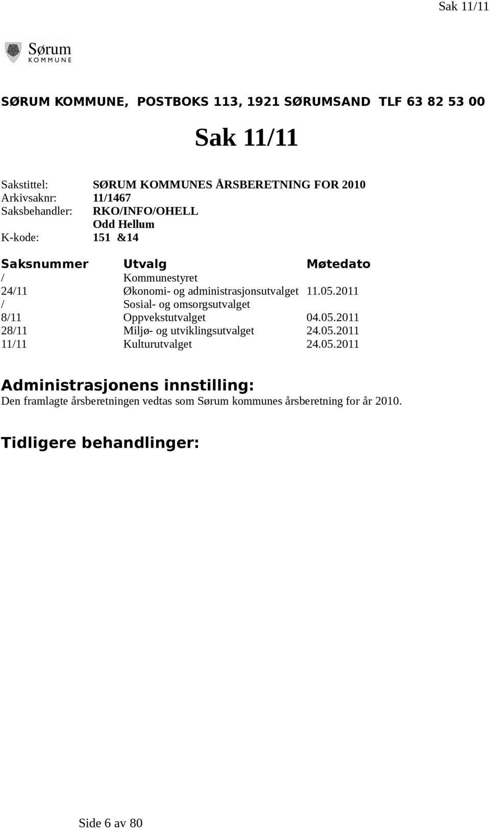 administrasjonsutvalget 11.05.2011 / Sosial- og omsorgsutvalget 8/11 Oppvekstutvalget 04.05.2011 28/11 Miljø- og utviklingsutvalget 24.05.2011 11/11 Kulturutvalget 24.