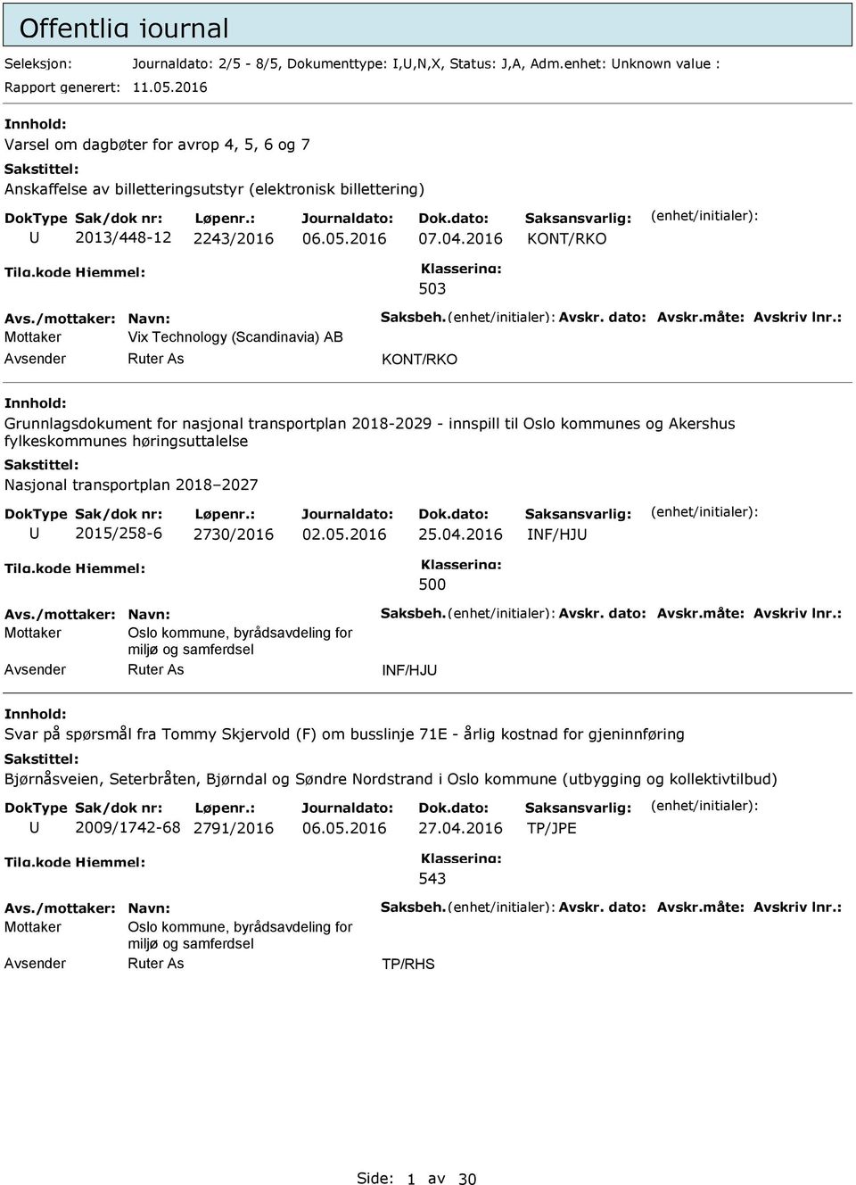 2016 KONT/RKO 503 Mottaker Vix Technology (Scandinavia) AB Avsender Ruter As KONT/RKO nnhold: Grunnlagsdokument for nasjonal transportplan 2018-2029 - innspill til Oslo kommunes og Akershus