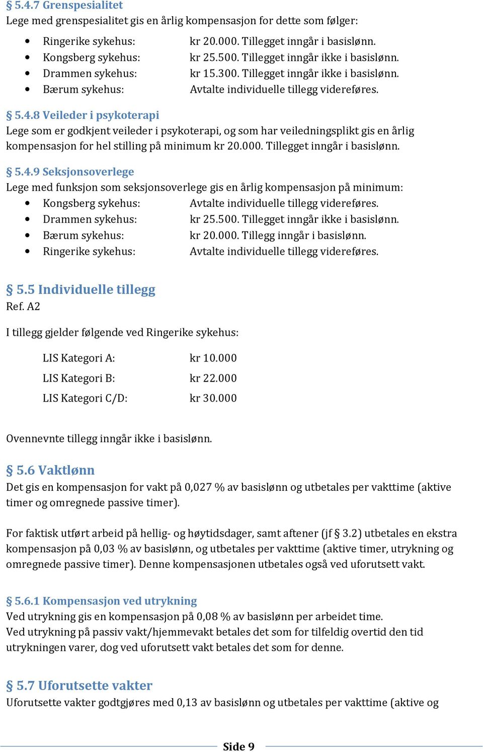 8 Veileder i psykoterapi Lege som er godkjent veileder i psykoterapi, og som har veiledningsplikt gis en årlig kompensasjon for hel stilling på minimum kr 20.000. Tillegget inngår i basislønn. 5.4.