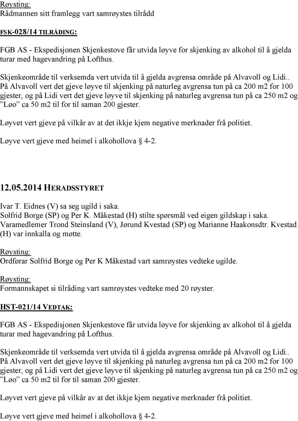 . På Alvavoll vert det gjeve løyve til skjenking på naturleg avgrensa tun på ca 200 m2 for 100 gjester, og på Lidi vert det gjeve løyve til skjenking på naturleg avgrensa tun på ca 250 m2 og Løo ca